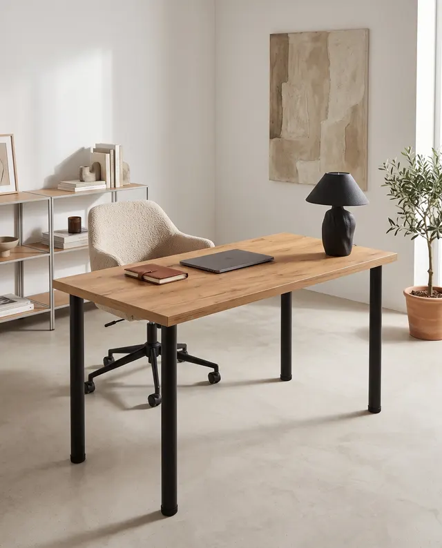 Escritorio a medida con patas cilíndricas negras y la tapa en hpl Gold Craft Oak