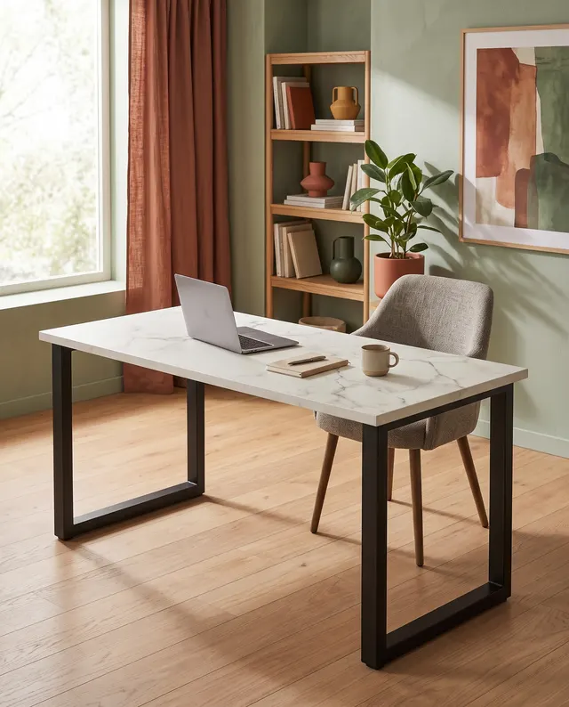 Escritorio a medida con patas rectangulares negras y la tapa en hpl Veneto Marble Vita
