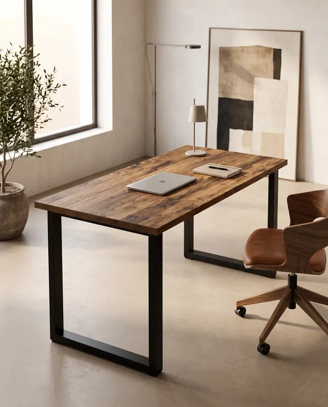 Escritorio a medida con patas rectangulares negras y la tapa en hpl Light Huton Oak