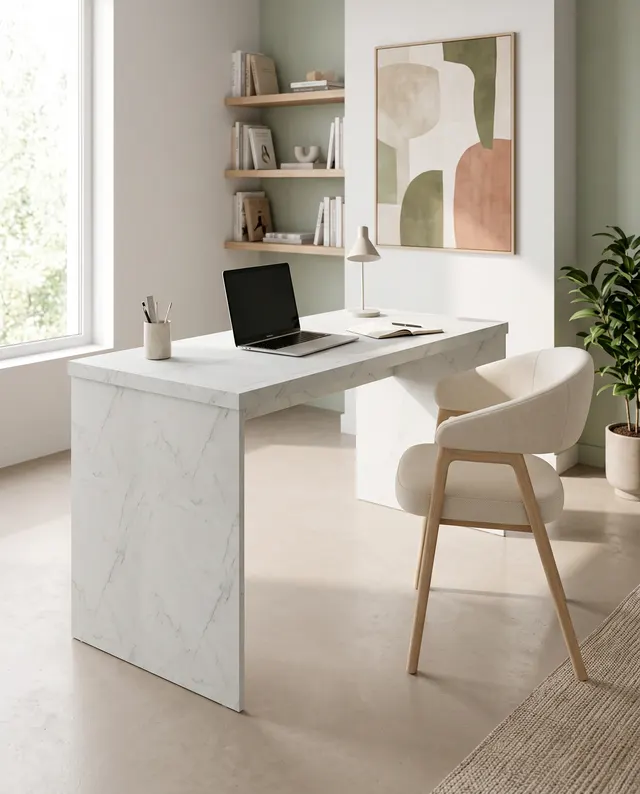 Escritorio a medida con patas de tablero y la tapa en hpl Veneto Marble Vita