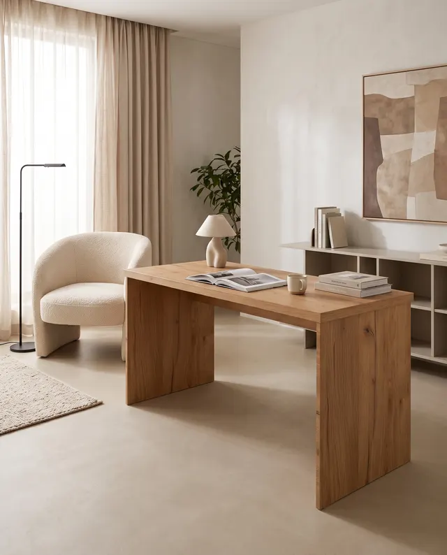 Escritorio a medida con patas de tablero y la tapa en hpl Gold Craft Oak