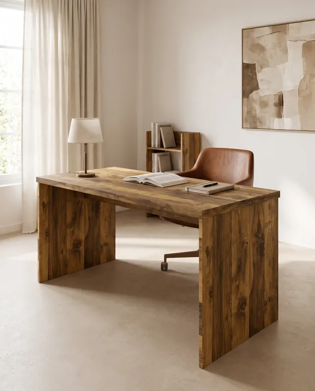 Escritorio a medida con patas de tablero y la tapa en hpl Light Huton Oak