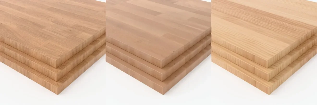 Tres tableros de madera maciza de 30 mm, barnizados: roble, haya y pino