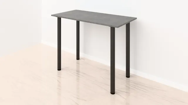 Mesa alta de cocina de HPL gris efecto cemento, 120 × 60 cm y 89 cm de alto, con patas cilíndricas negras