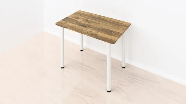 Mesa de cocina de HPL en roble envejecido, 110 × 70 cm, con patas cilíndricas blancas y las cuatro esquinas redondeadas