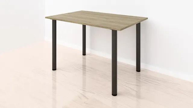 Mesa de cocina de HPL en roble claro, 120 × 80 cm, con patas cilíndricas negras
