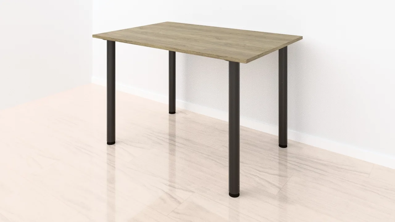 Mesa de cocina de HPL en roble claro, 120 × 80 cm, con patas cilíndricas negras