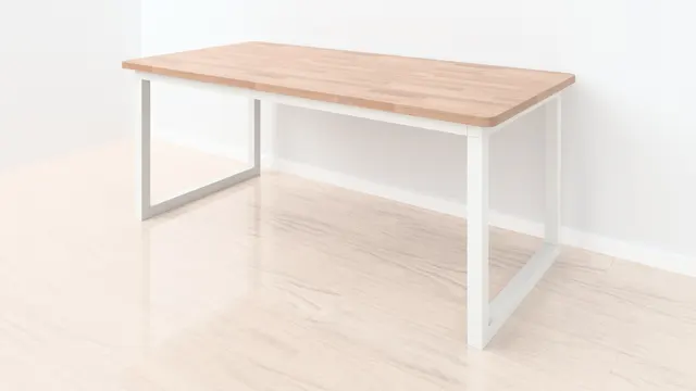 Mesa de comedor de haya maciza barnizada, 180 × 90 cm, con patas rectangulares blancas y las esquinas redondeadas