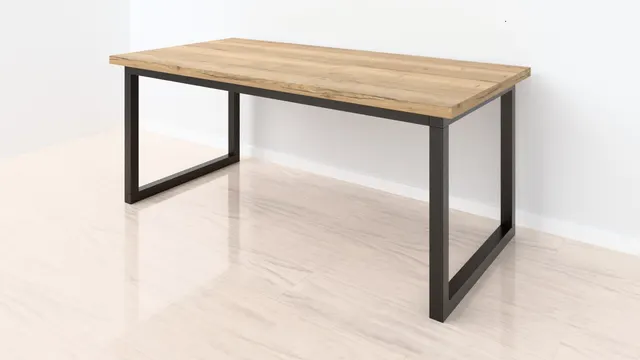 Mesa de comedor de HPL en roble Halifax, 180 × 90 cm, con patas rectangulares negras