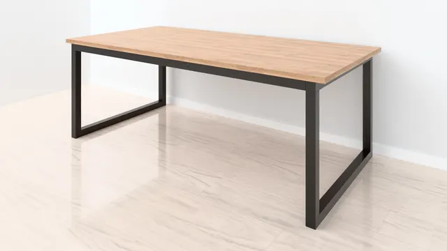 Mesa de comedor de roble macizo barnizado, 200 × 100 cm, con patas rectangulares negras