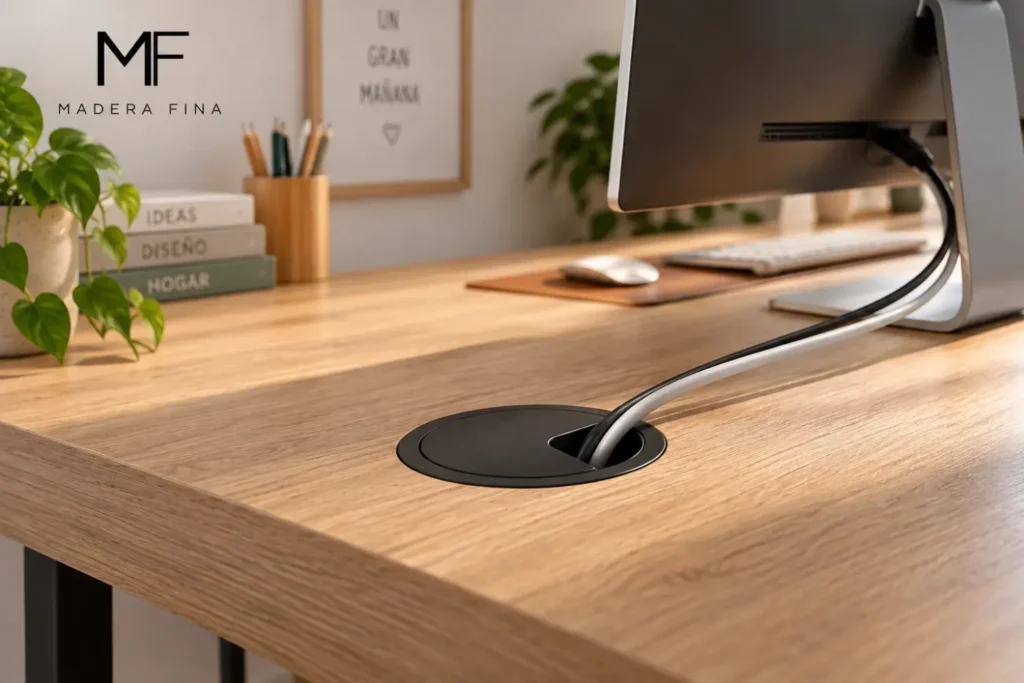 Detalle del pasacables para tu escritorio de Madera Fina Detalle del pasacables para tu escritorio de Madera Fina