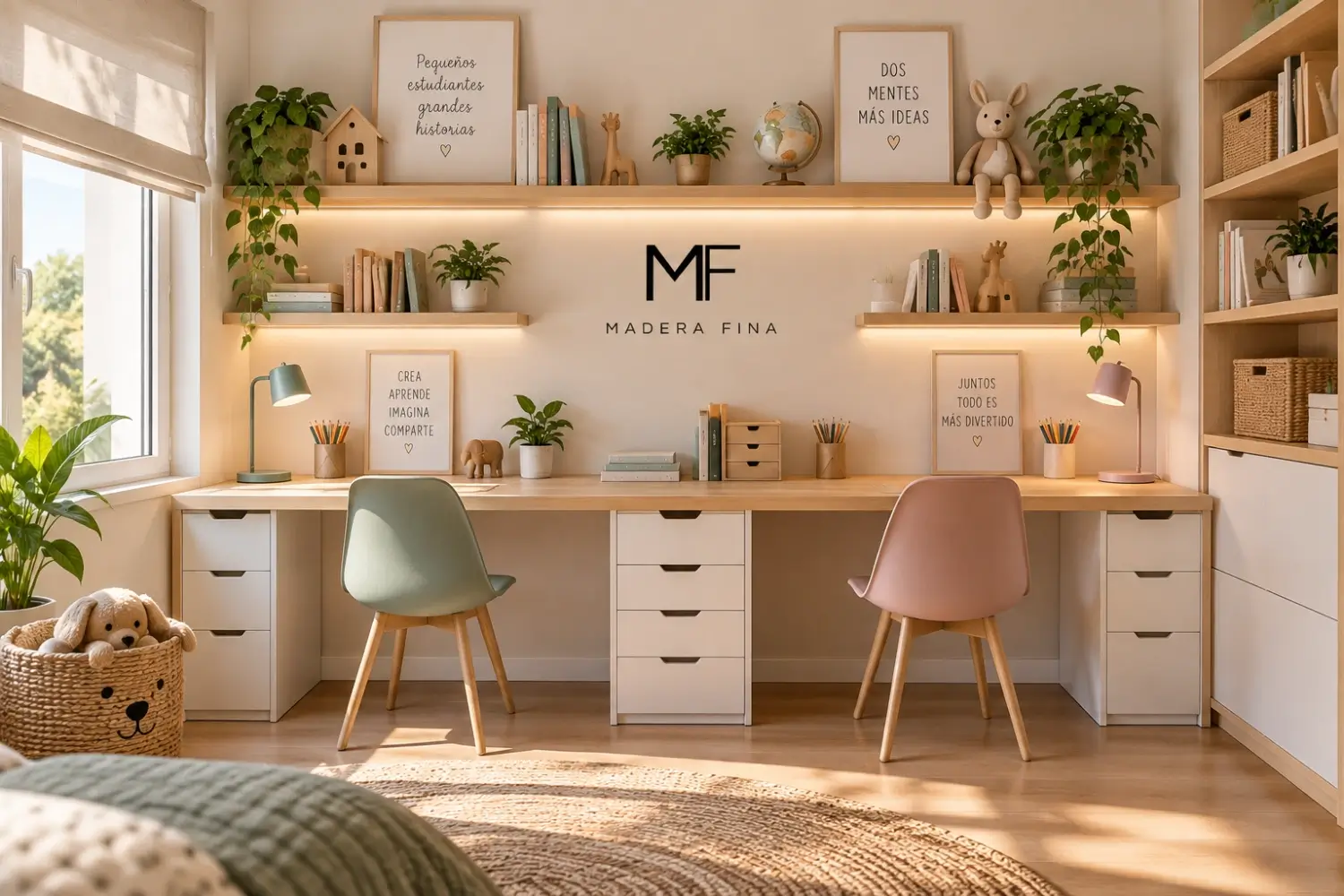 Escritorios dobles infantiles con cajoneras a los lados y en el centro. Madera Fina Escritorios dobles infantiles con cajoneras a los lados y en el centro. Madera Fina